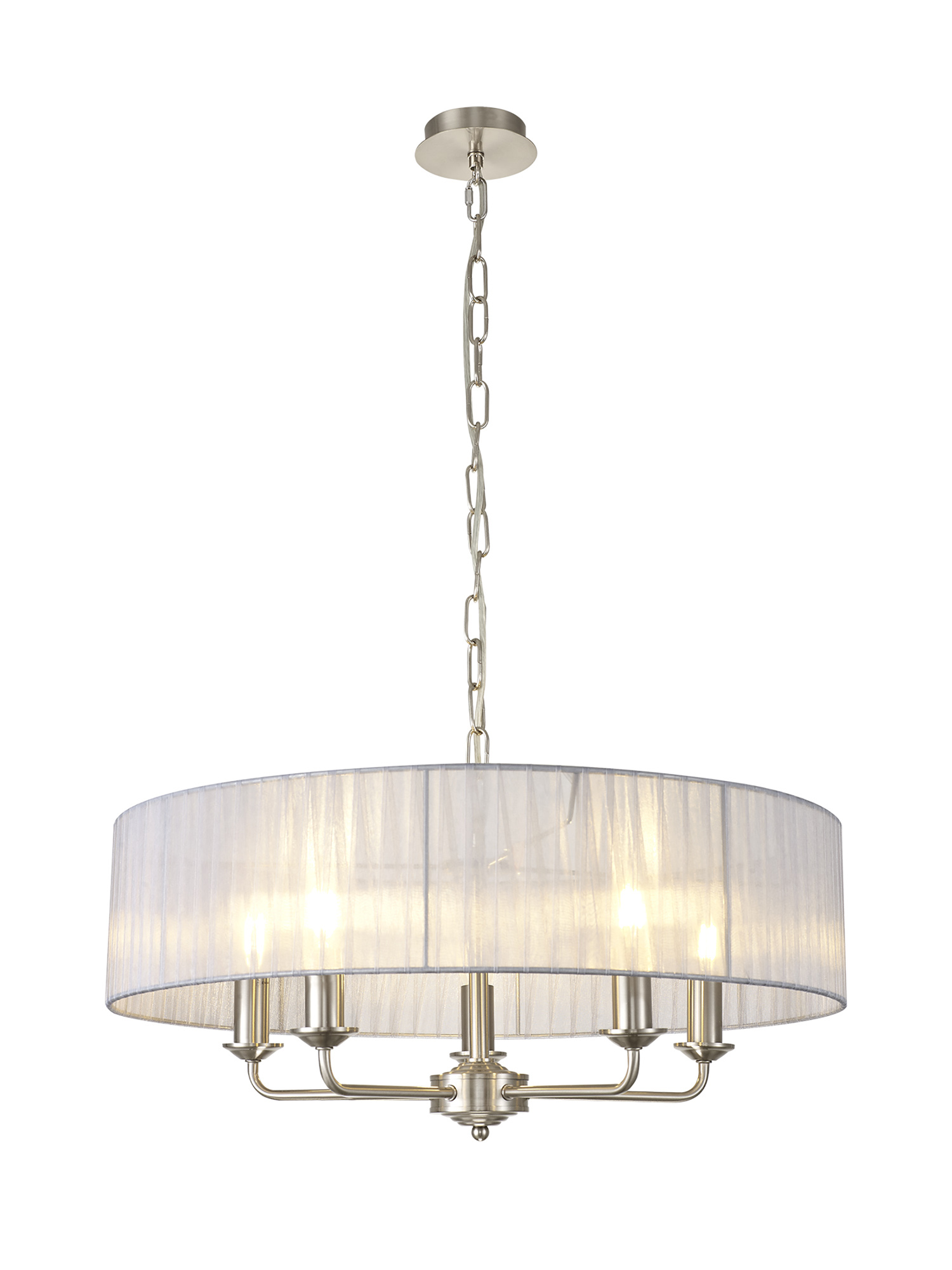 DK0880  Banyan 5 Light Multi Arm Pendant With 60cm x 15cm Organza Shade Satin Nickel/Grey